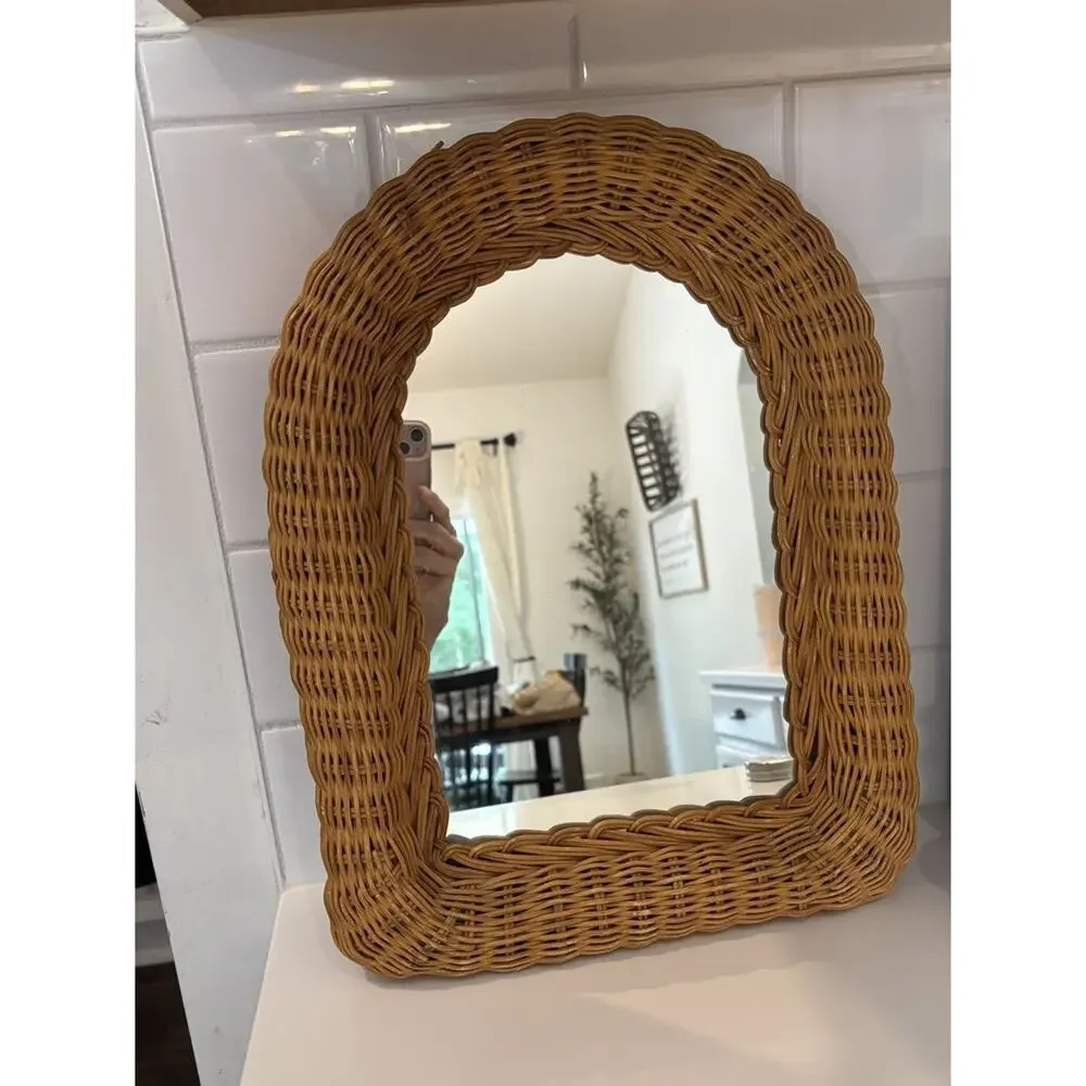 Vintage Wicker Rattan Mirror Arched Wall Hanging Boho Coastal Cottage MCM 15x12